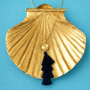 Long gold black fringe tassel necklace